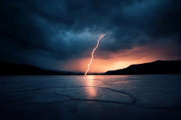 Poster - A bolt of lightning illuminates the stormy night sky while reflecting off the wet granite surface below, creating a dramatic natural display at dusk
