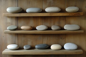 Leinwandbilder - Natural stones displayed on wooden shelves against a rustic wall in a calm interior setting