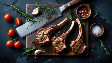Poster - Grilled beef steaks with spices displayed on a cutting board, leaving room for your text