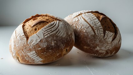 Poster - Two freshly baked round rye bread loaves on a white background