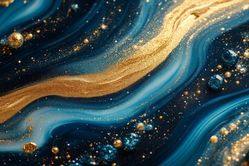 Poster - Fluid art with golden accents and blue waves created using acrylic paint on canvas reflecting cosmic themes and textures