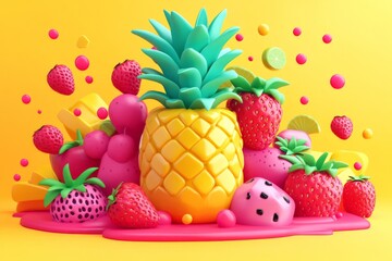Poster - Bright tropical fruit display featuring a pineapple surrounded by colorful berries and vibrant shapes in a playful setting