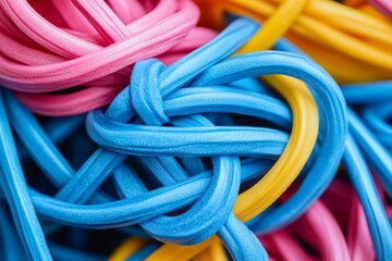 Poster - Colorful rubber bands intertwined in a vibrant pile showcasing various hues and textures in a close-up shot