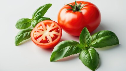 Poster - Fresh tomato slice with basil leaves isolated on background