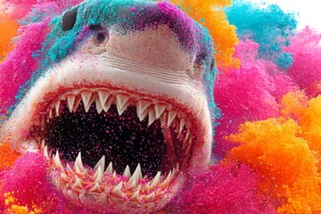 Fototapete - Vibrant shark surrounded by colorful powders creates a striking visual spectacle in an abstract art setting