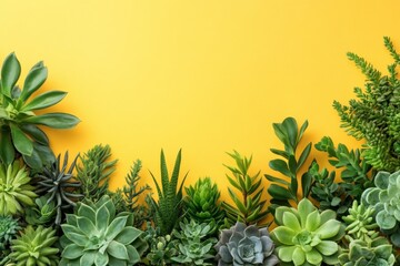 Poster - Vibrant assortment of succulents against a bright yellow background showcasing lush green hues in a modern setting
