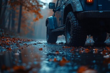 Poster - Off-road vehicle navigating a wet, leaf-strewn trail during a foggy autumn morning in the forest