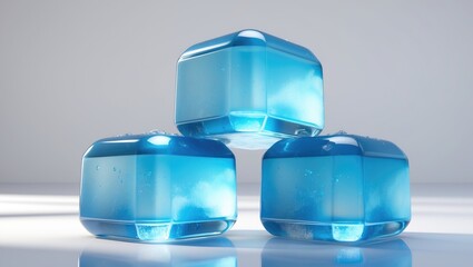 Poster - Three frozen ice cubes on white background with transparent and reflective qualities