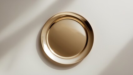 Poster - Bird's-eye view of a golden plate isolated on background with clipping path. Empty round gold flat plate flat lay. Mockup template for poster design