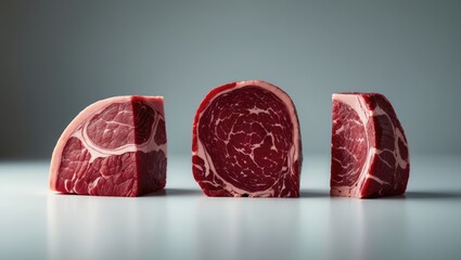 Poster - Three pieces of raw beef meat isolated on white background