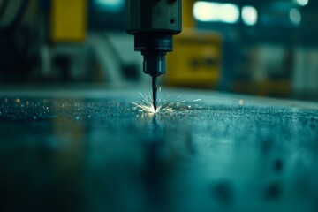 Poster - CNC milling machine operates in an industrial setting, cutting through metal with precision while sparks fly, showcasing advanced manufacturing technology