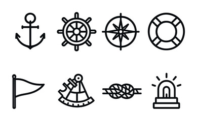 Poster - Nautical icons set - flat style anchors, compass, lifebuoy, wheel, knot, flag, alarm