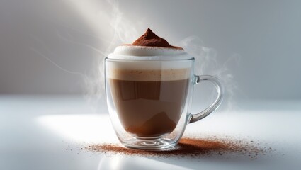 Poster - Hot cappuccino in a transparent glass cup isolated on white background