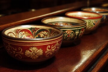 Aufkleber - handcrafted ceramic bowls displayed on a wooden counter with intricate designs and vibrant colors in