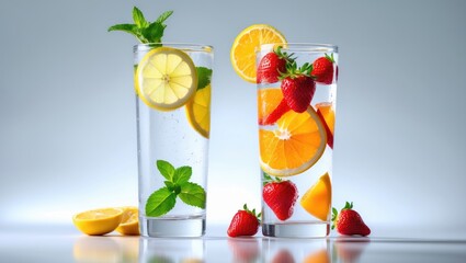 Aufkleber - Two glasses containing fruit and mint flavored water on a white background
