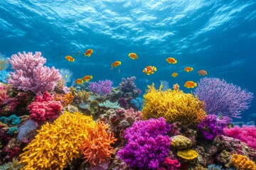 Poster - Vibrant coral reef teems with colorful fish under clear blue ocean water at midday