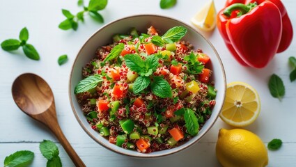 Poster - Vivid beetroot and quinoa salad with lemon, mint, and red pepper on a wooden spoon atop a white table.