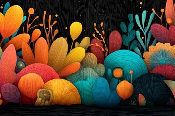 Poster - Vibrant and colorful abstract landscape featuring various plant shapes and textures against a dark background