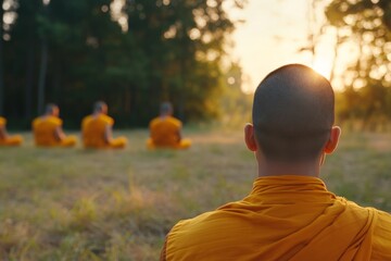 Poster - Buddhist monks sit peacefully in meditation surrounded by greenery while soft morning sunlight casts a warm glow on their saffron robes and tranquil expressions