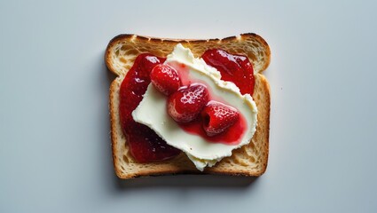 Aufkleber - Slice of toasted bread with cream cheese and jam on a white background, top view