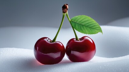 Poster - Juicy acerola fruit pair with leaves, bright red and green on white background.