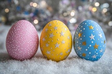 Poster - Colorful Easter eggs decorated with stars sitting on winter snow background in a festive setting