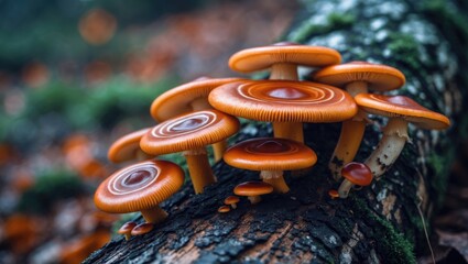 Aufkleber - Top view of medicinal mushroom and red parasite on old birch wood with blurred background
