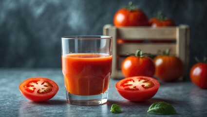 Aufkleber - Glass of tomato juice with fresh green leaves in the background for a healthy summer drink