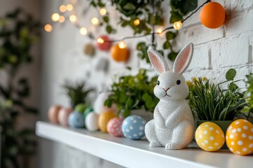 Poster - Decorative Easter display with bunny and colorful eggs on shelf in a cozy room with fairy lights