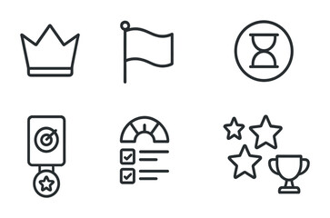 Poster - Achievement icons set in linear style featuring crown, flag, badge, checklist, stars, trophy