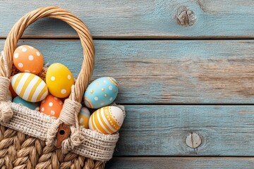 Aufkleber - Brightly colored Easter eggs in a woven basket on distressed wooden surface