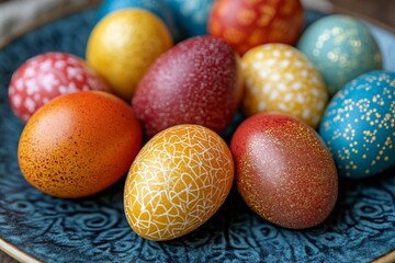 Poster - Vibrant, decorative Easter eggs arranged on a blue plate during spring festivities