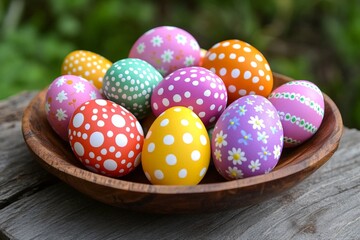 Poster - Vibrant decorative eggs arranged in a wooden bowl for Easter celebration in a lush garden setting