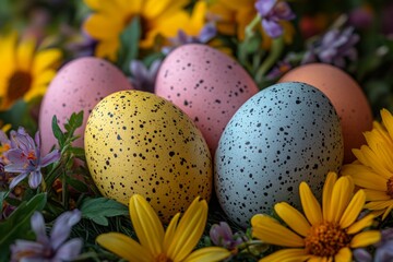 Poster - Colorful speckled eggs surrounded by vibrant flowers in a spring garden setting