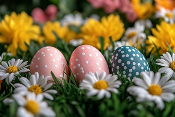 Poster - Colorful easter eggs nestled among daisies and vibrant flowers in a spring garden setting
