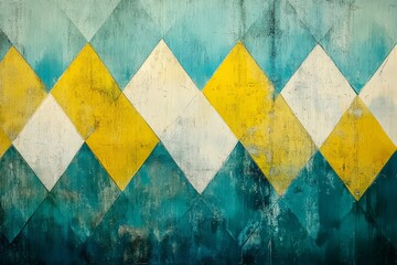 Poster - Colorful geometric pattern adorns a weathered wall highlighting vibrant diamonds in turquoise and yellow tones