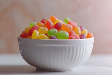 Poster - Colorful jelly beans in a white bowl on a wooden surface create a vibrant candy display in a cozy setting