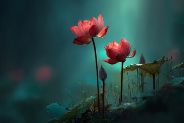 Poster - Beautiful red lotus flowers bloom in a serene wetland during early morning light