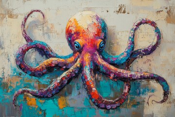 Aufkleber - Colorful octopus painting with vibrant details and textured background depicting marine life