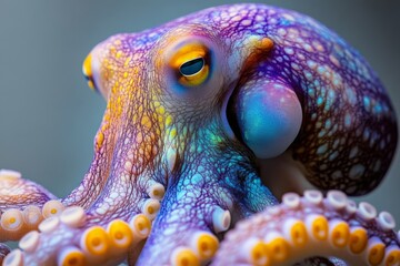 Poster - Colorful octopus displays vibrant patterns while resting on coral reef during a quiet underwater afternoon outing