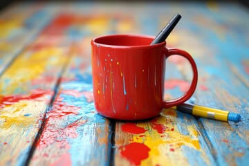 Poster - Colorful art supplies on a splatter painted surface with a vibrant red mug