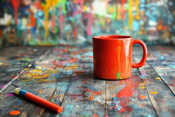 Poster - Colorful mug rests on a vibrant artist's table surrounded by splashes of paint and creativity
