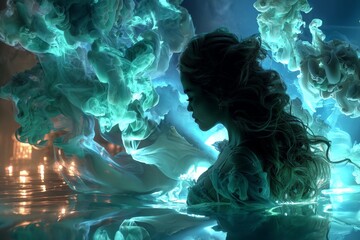 Poster - Ethereal beauty emerges from vibrant turquoise smoke in a dreamy atmosphere captured at night
