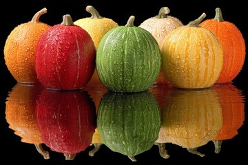 Poster - Colorful gourds lined up on a reflective surface with droplets of water in a creative still life arrangement