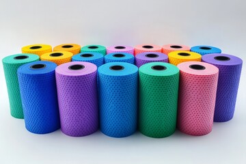 Poster - Colorful arrangement of paper rolls displayed on a white surface in a well-lit setting