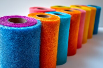 Poster - Colorful rolls of fabric arranged in a vibrant row showcasing various shades and textures for creative projects