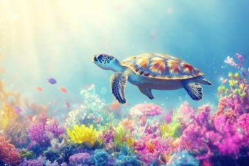 Poster - Colorful sea turtle swims gracefully through vibrant coral reef in clear ocean waters