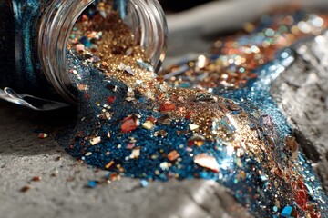 Aufkleber - Colorful glitter spills from a jar creating a shimmering effect on a textured surface in bright natural light