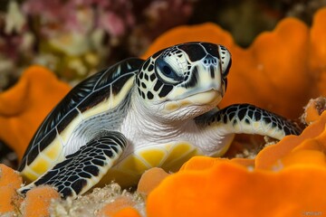 Poster - Sea turtle resting among vibrant orange coral in a clear tropical ocean