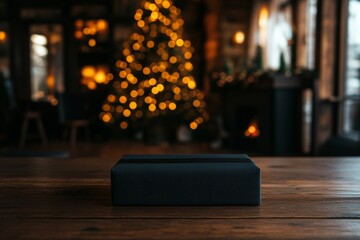 Poster - A gift box sits on a wooden table, beautifully wrapped in festive paper